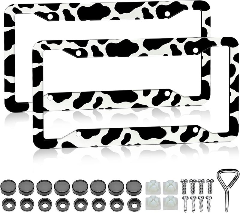 LIN KANG Cow Print License Plate Frame - 2 Pack Cute Animal Cow White Black Spot Tags Frames Holder Covers, Car Decorative Tag Frames for Standard US Canada License Plate Holder 4 Holes 12x6 Inch - Image 1